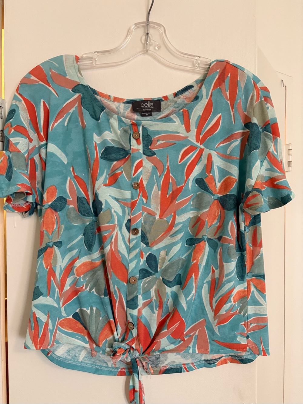 Belle Teal Floral Button-Front Tie-Hem Blouse